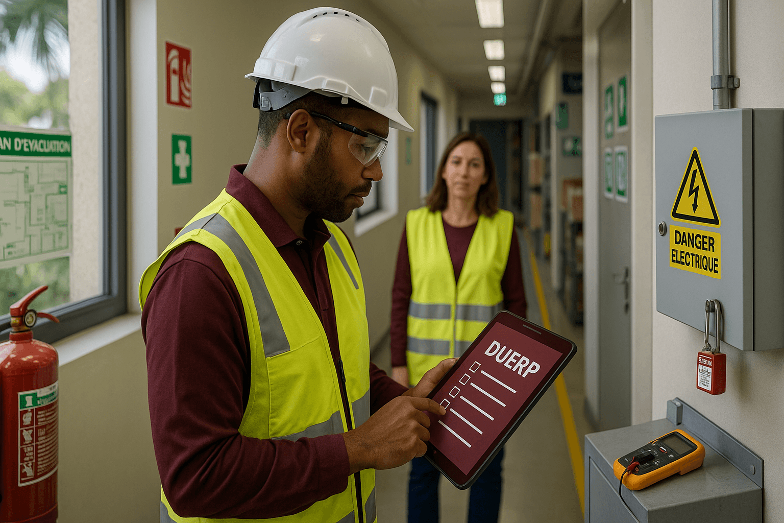 Préventeur en gilet haute-visibilité contrôlant un point de sécurité avec une tablette dans un couloir d'entreprise — visite terrain Cosmo Sécurité