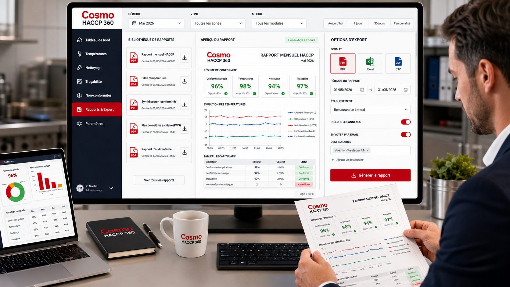 Aperçu rapport de conformité COSMO HACCP 360 — synthèse PMS, relevés température, nettoyage, traçabilité et non-conformités exportable en PDF pour préparer un contrôle DAAF