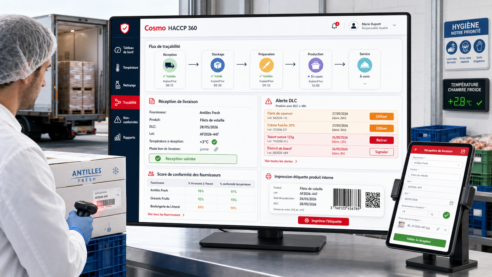 Module Traçabilité COSMO HACCP 360 — flux réception stockage préparation production service, alertes DLC, score fournisseurs et étiquetage interne